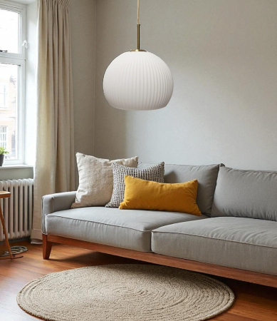 PENDULE - Pendul 8098/1 cu abajur din sticlă albă striată Ø30 cm și detalii aurii