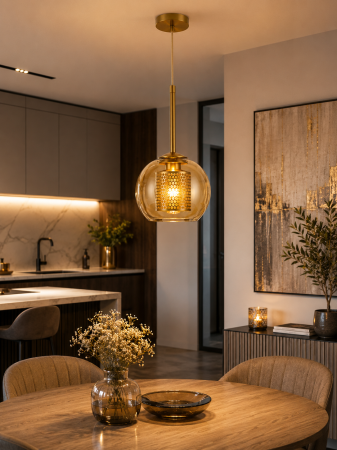 PENDULE - Pendul Decorativ HJ 8301/1 cu Glob Amber și Finisaj Auriu pentru Amenajări Moderne