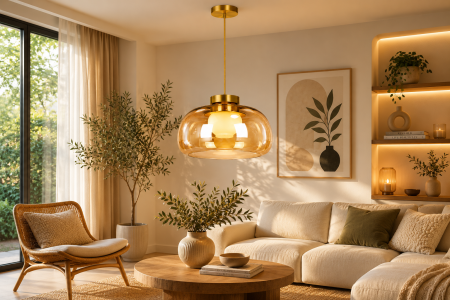 LUSTRE - Pendul Suspendat 2621/1 din Sticlă Amber cu Glob Opal și Structură Auriu Satinat Ø32 cm