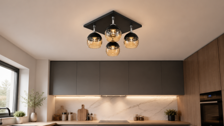 LUSTRE - Plafonieră modernă 92111/4 cu 4 globuri din sticlă ambra și bază neagră