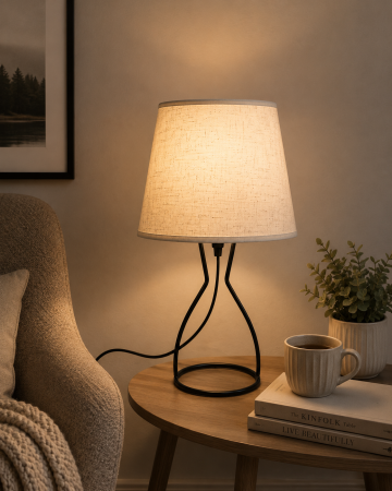 VEIOZE SI LAMPADARE - Veioză 8008, picior clepsidră negru, abajur textil E27