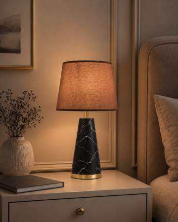 VEIOZE SI LAMPADARE - Veioză decorativă 9055 – Maro/Negru cu inserție albă, abajur textil, E27