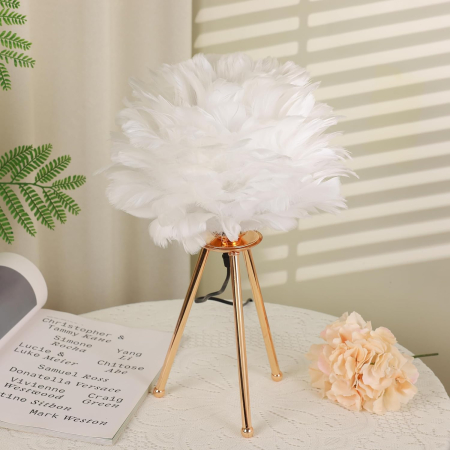 Veioză decorativă ZL19289, pene naturale și bază aurie trepied, Ø40 cm, H55 cm [1]