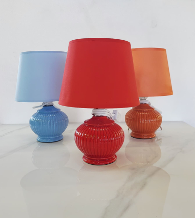 VEIOZE SI LAMPADARE - Veioza model 14502 din ceramica cu abajur textil, 29 cm, culori bleu, rosu si portocaliu, soclu E27