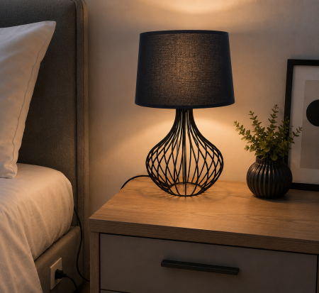 VEIOZE SI LAMPADARE - Veioză T8001, neagră, abajur textil, E27, 45 cm