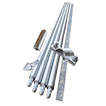 Produse - Kit Complet Impamantare cu 4 Electrozi Tip BP Zincati la cald, 1 Varf Ghidaj, 1 Clema Conexiune, 1.5 M Platband Si Cap De Batere Manual Fara Sapaturi pentru Case, Garduri Electrice, Panouri solare