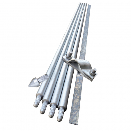 Produse - Kit Impamantare cu 4 Electrozi Tip BP, D=20 x 1500 mm Zincati la cald, 1 Varf Ghidaj, 1 Clema Conexiune Si 1.5 Platband Fara Sapaturi pentru Case, Garduri Electrice, Panouri solare