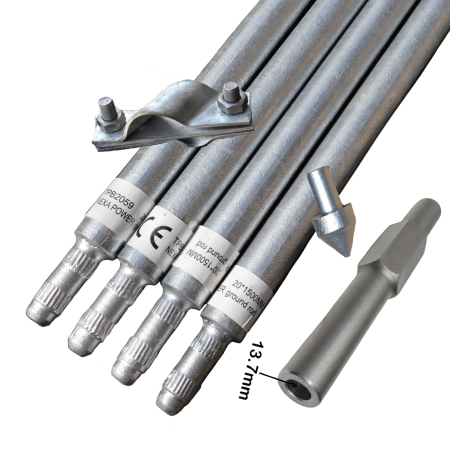 Produse - Kit Impamantare cu 4 Electrozi Tip BP, D=20 x 1500 mm Zincati la cald, 1 Varf Ghidaj, 1 Clema Conexiune Si Cap de Batere Hex 30, Fara Sapaturi pentru Case, Garduri Electrice, Panouri solare
