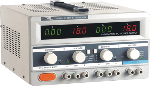 Sursa de alimentare, AXIOMET, AX-3003D-3, LCD, 3 canale, pentru simularea condițiilor de alimentare variabile în teste de stres, Setare tensiune cu buton rotativ [1]