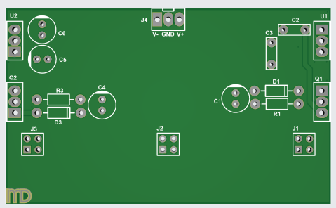 Audio - Modul auxliar (tranzistoare PNP/NPN + 78xx/79xx) - placa de circuit