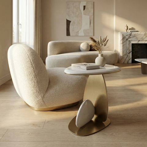 Mese de Cafea - Arbo Masuta Auxiliara Sculptural Alb-Auriu