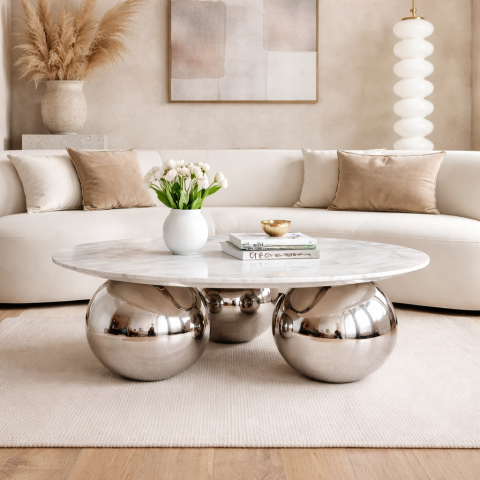 Mese de Cafea - Arbo Orbital Marble – Masă de cafea rotundă luxury cu bază sferică cromată