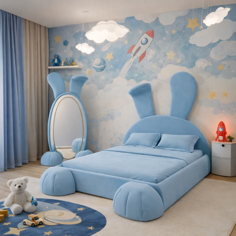 Mobilier Copii - pat-copii-bunny-albastru-corala-oglinda-premium