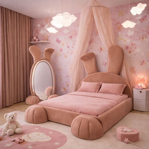 Mobilier Copii - Nido set pat Bunny fete roz cu oglinda