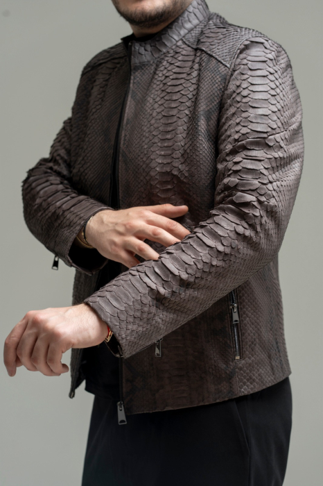 Jachetă Bărbătească din Piele Naturală – Textură Exotică Python Grey [6]
