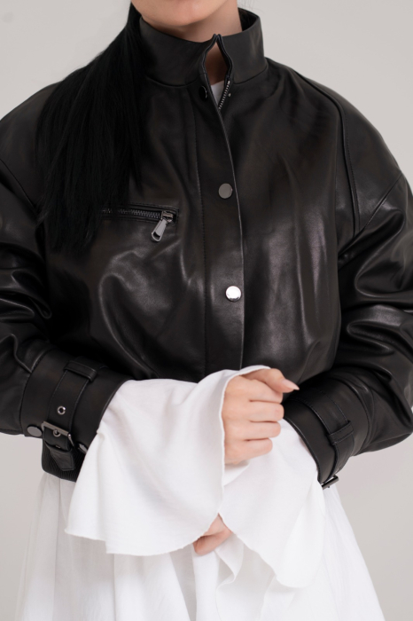 Jachetă Scurtă din Piele Naturală – Onyx Black Bomber [5]