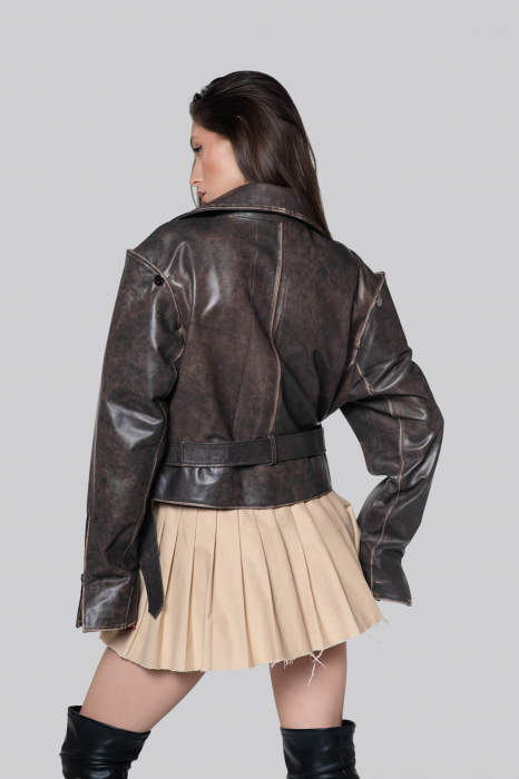 Geaca biker din piele naturala de ovina, maro, cusuta manual [3]