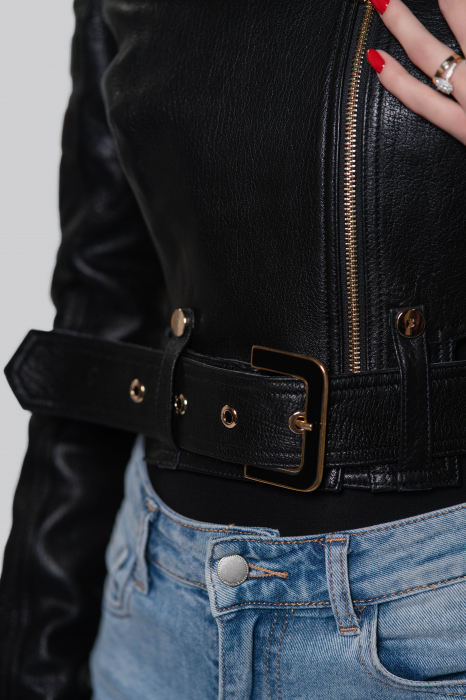 Geca biker din piele de ovina, negru mat [4]