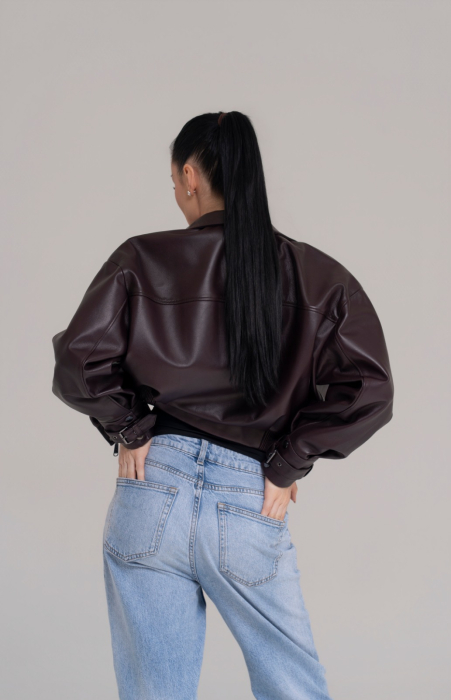 Jachetă Bomber Cropped din Piele Naturală – Dark Burgundy [4]