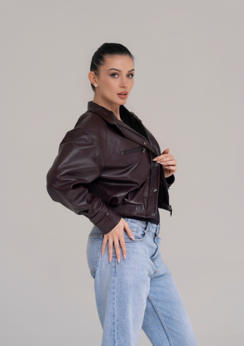 Jachetă Bomber Cropped din Piele Naturală – Dark Burgundy [3]