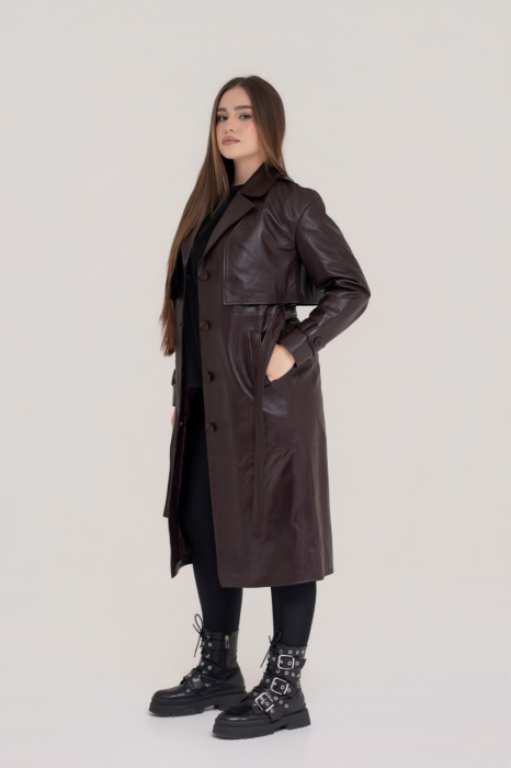 Trench de dama din piele naturala  Burgundy [2]