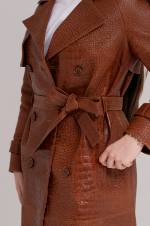 Trench Lung din Piele Naturală – Cognac Croco Luxe [2]