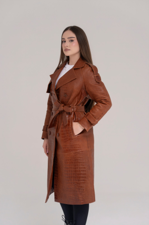 HAINE DIN PIELE - Trench Lung din Piele Naturală – Cognac Croco Luxe