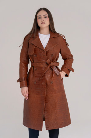 Trench Lung din Piele Naturală – Cognac Croco Luxe [4]