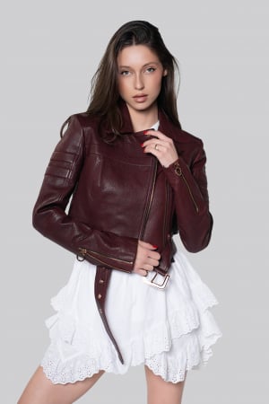COLECTIE NOUA - Geaca biker din piele de ovina, bordo