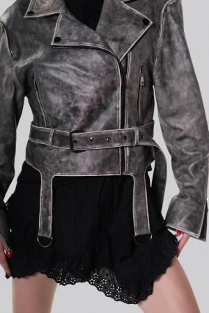 Geaca biker din piele de ovina cu efect de spalare – gri marmorat [3]