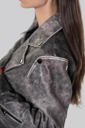 Geaca biker din piele de ovina cu efect de spalare – gri marmorat [5]