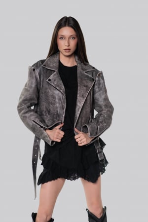COLECTIE NOUA - Geaca biker din piele de ovina cu efect de spalare – gri marmorat