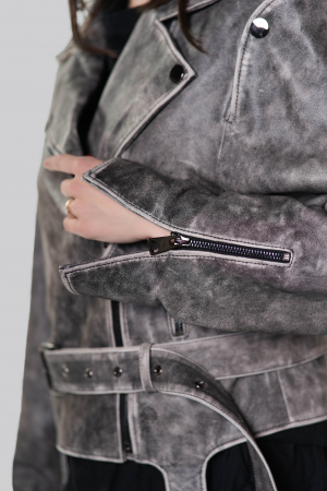 Geaca biker din piele de ovina cu efect de spalare – gri marmorat [4]