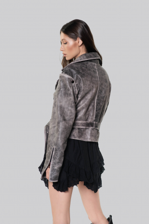 Geaca biker din piele de ovina cu efect de spalare – gri marmorat [1]