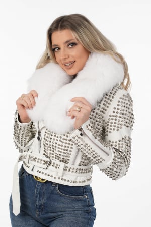 GAMA LUXURY - Geacă din piele de ovină cu guler detașabil din vulpe, accesorizat cu ținte metalice argintii - ALB