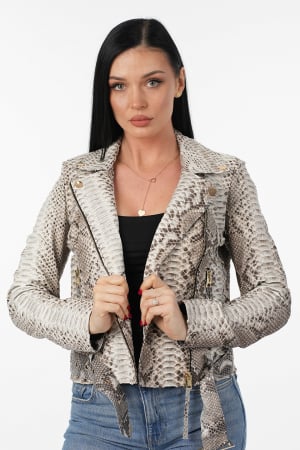 Geaca din piele naturala din piton, accesorizat cu capse, alb - gri
