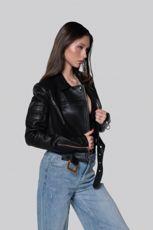COLECTIE NOUA - Geca biker din piele de ovina, negru mat