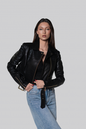 COLECTIE NOUA - Geca biker din piele de ovina, negru mat