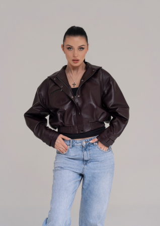 Jachetă Bomber Cropped din Piele Naturală – Dark Burgundy [4]