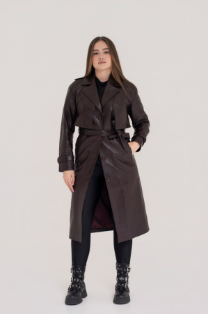 Jachete si geci din piele femei - Trench de dama din piele naturala  Burgundy