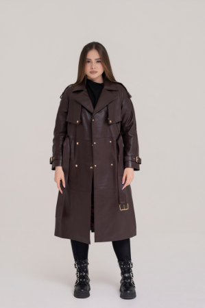 FEMEI - Trenci Lung din Piele Naturală Chocolate