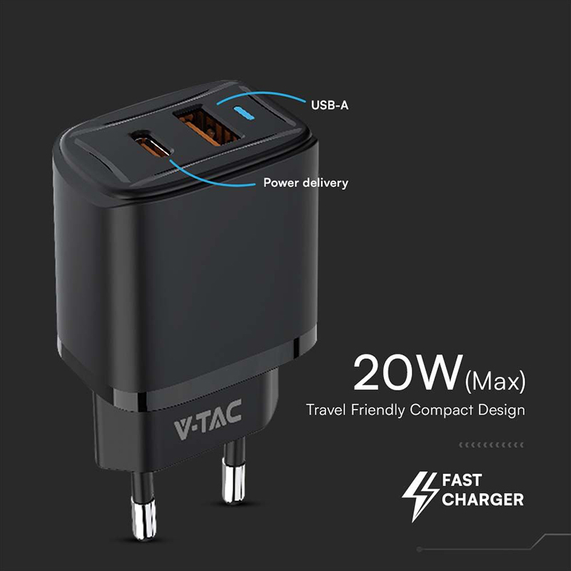 INCARCATOR RETEA QC 20W USB SI TIP C - NEGRU [5]