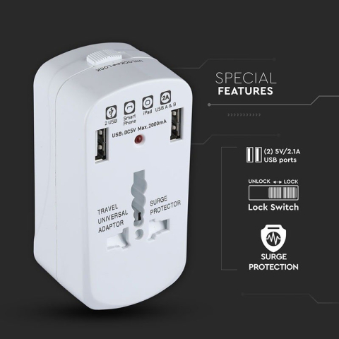 ADAPTOR UNIVERSAL PRIZA (UK,US,EU) CU PROTECTIE SI 2USB 2.1A [6]