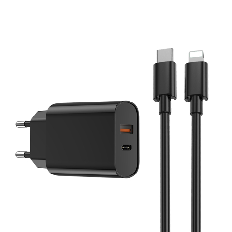 INCARCATOR RETEA USB + USB-C PD QC 20W + CABLU LIGHTNING -NEGRU [1]