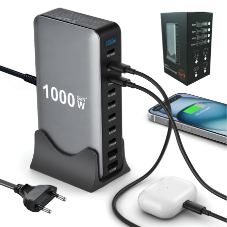 Produse - Statie de Incarcare Rapida Birou 10 in 1 ELMOSMART® YMX-1000W, Porturi: 8xUSB-C, 2xUSB-A, Power Delivery 140W, Quick Charge, Incarcator Priza, Protectie Scurtcircuit/Supratensiune, Compatibil Laptop,