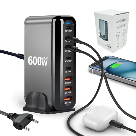 Produse - Statie de Incarcare Rapida Birou 8 in 1 ELMOSMART® YMX-908-600W, Porturi: 8xUSB-C, 2xUSB-A, Power Delivery 140W, Quick Charge, Protectie Scurtcircuit/Supratensiune, Compatibil Laptop, Telefon, Tableta