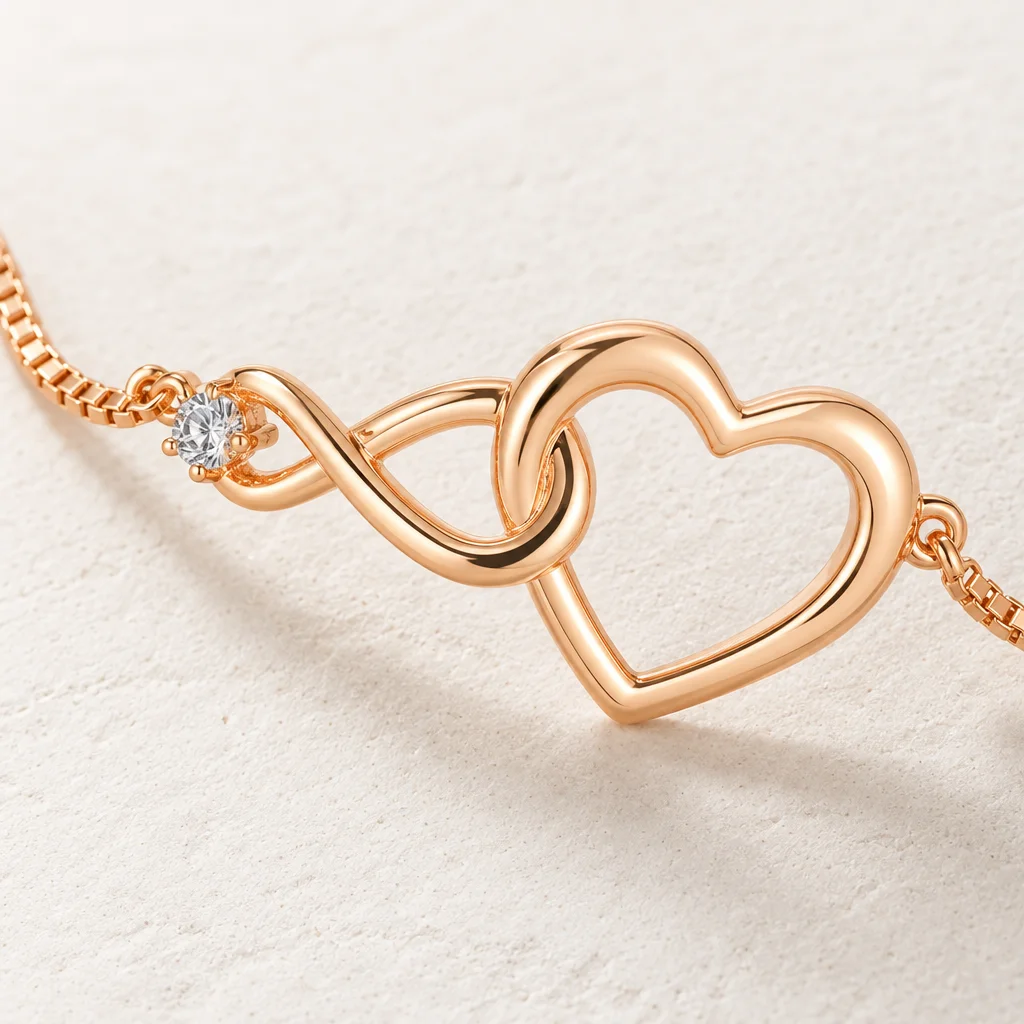 Brățară rose gold cu inimă și infinit împletite, piatră transparentă și lanț fin [4]