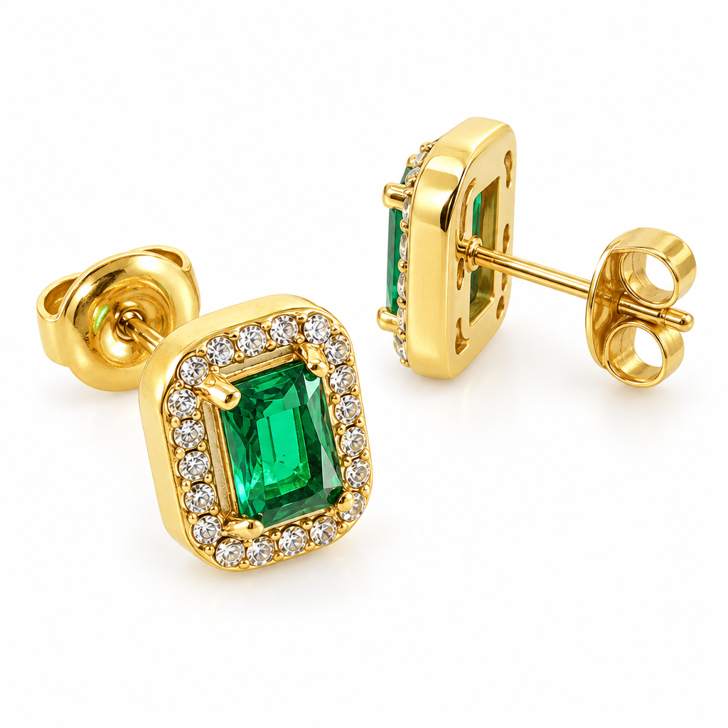 Cercei aurii cu zirconiu cubic verde dreptunghiular și contur de pietre transparente [5]