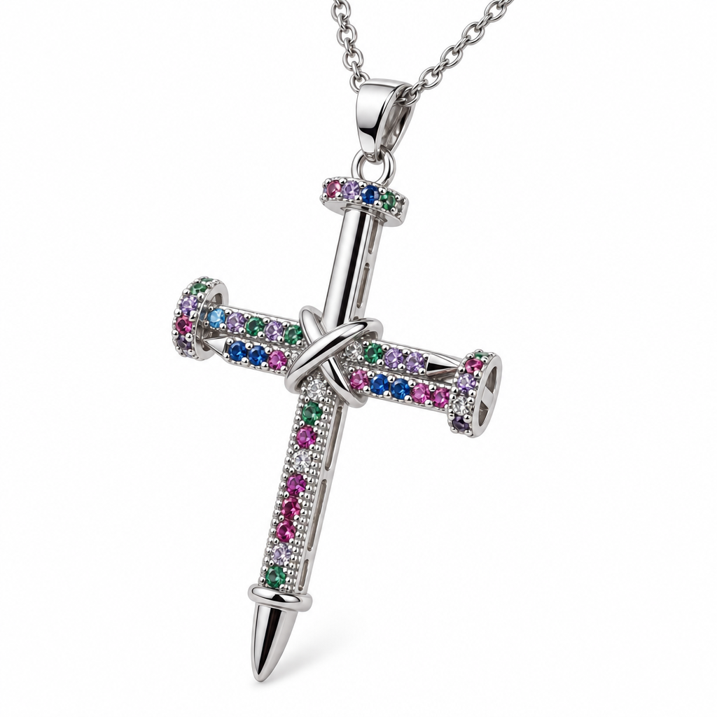 Colier argintiu cu pandantiv cruce stilizată și șiruri de zirconiu cubic multicolor [3]