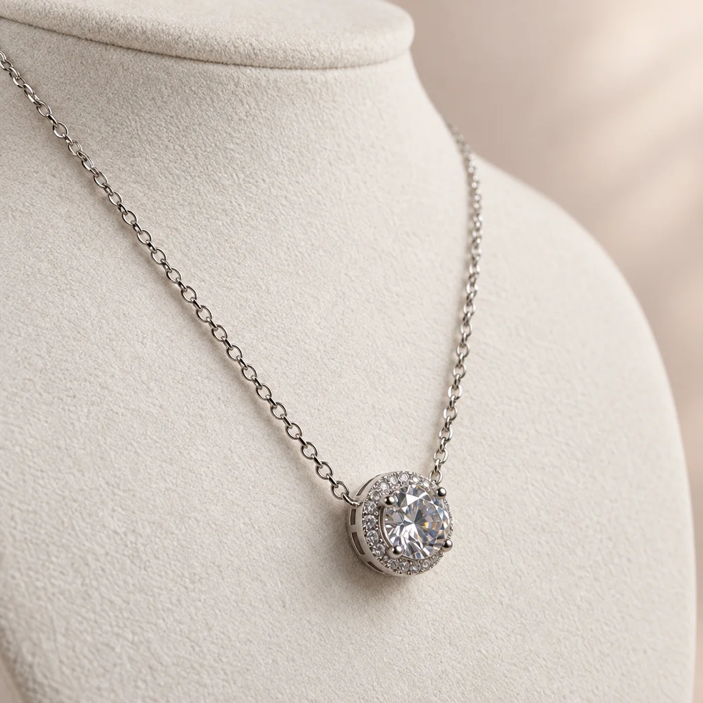 Colier argintiu cu lanț fin și pandantiv rotund, cu piatră centrală și cerc de pietre transparente [3]